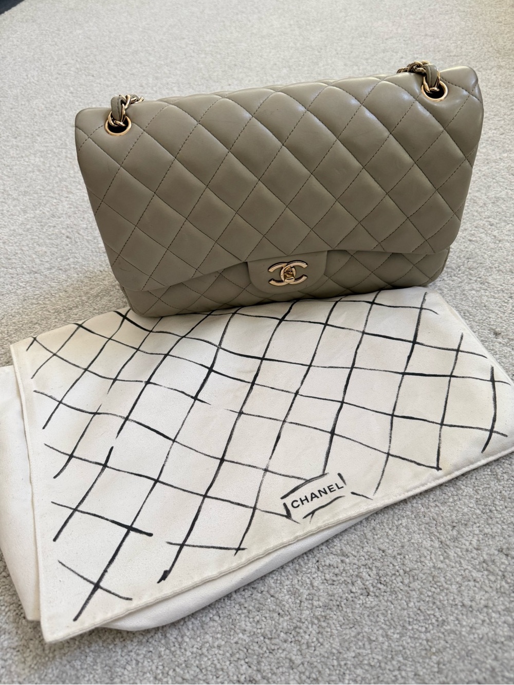 CHANEL Jumbo Quilted Flap Shoulder Bag in Taupe Gray with Gold Hardware